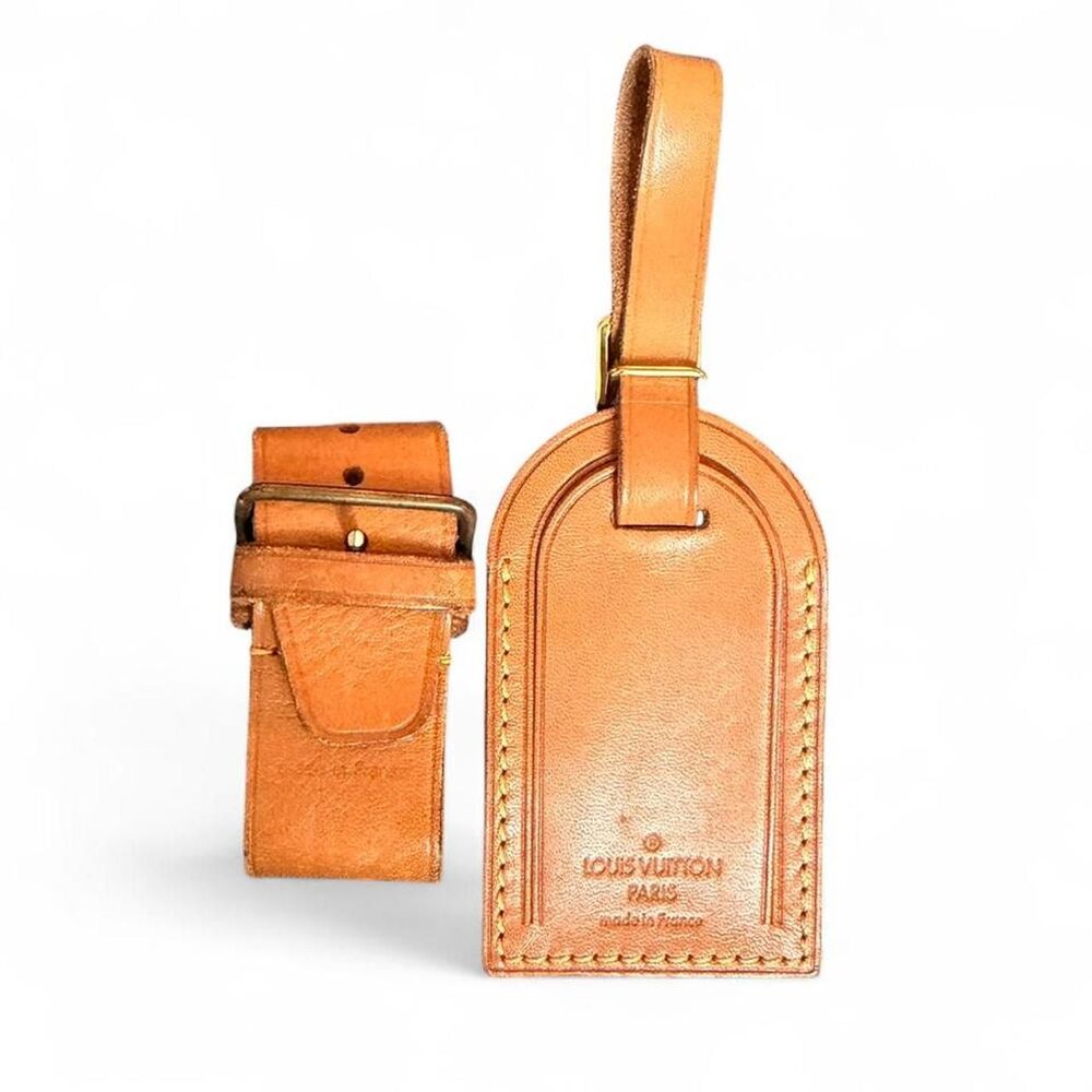 Authentic Louis Vuitton Vachetta Leather Luggage Tag Strap Set Made France